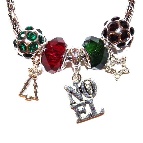 DaVinci Charm Bracelet 8.25" w/ 7 Beads - Christmas Tree NOEL Holiday Red Green - Picture 1 of 4